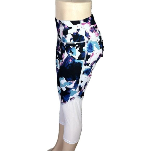 Bebe L White Multicolor Paint Splash Print 4 Way Stretch Mesh Legs Capri Pants - Picture 3 of 6